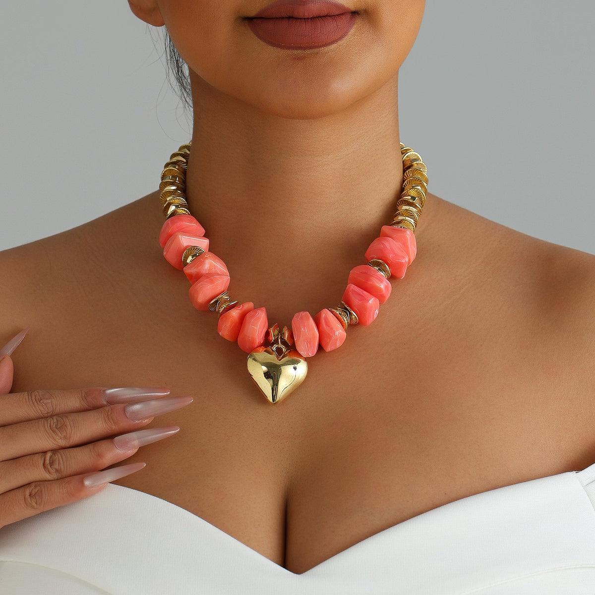 Classy Coral Resin Heart Necklace