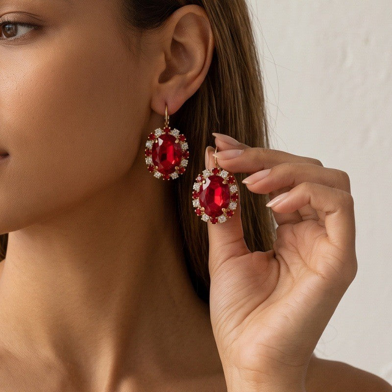 Classy Red Oval Gemstone Halo Earrings