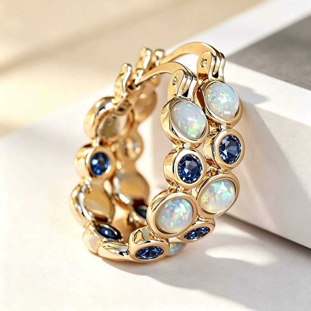 Classy Opal and Blue CZ Huggie Earrings
