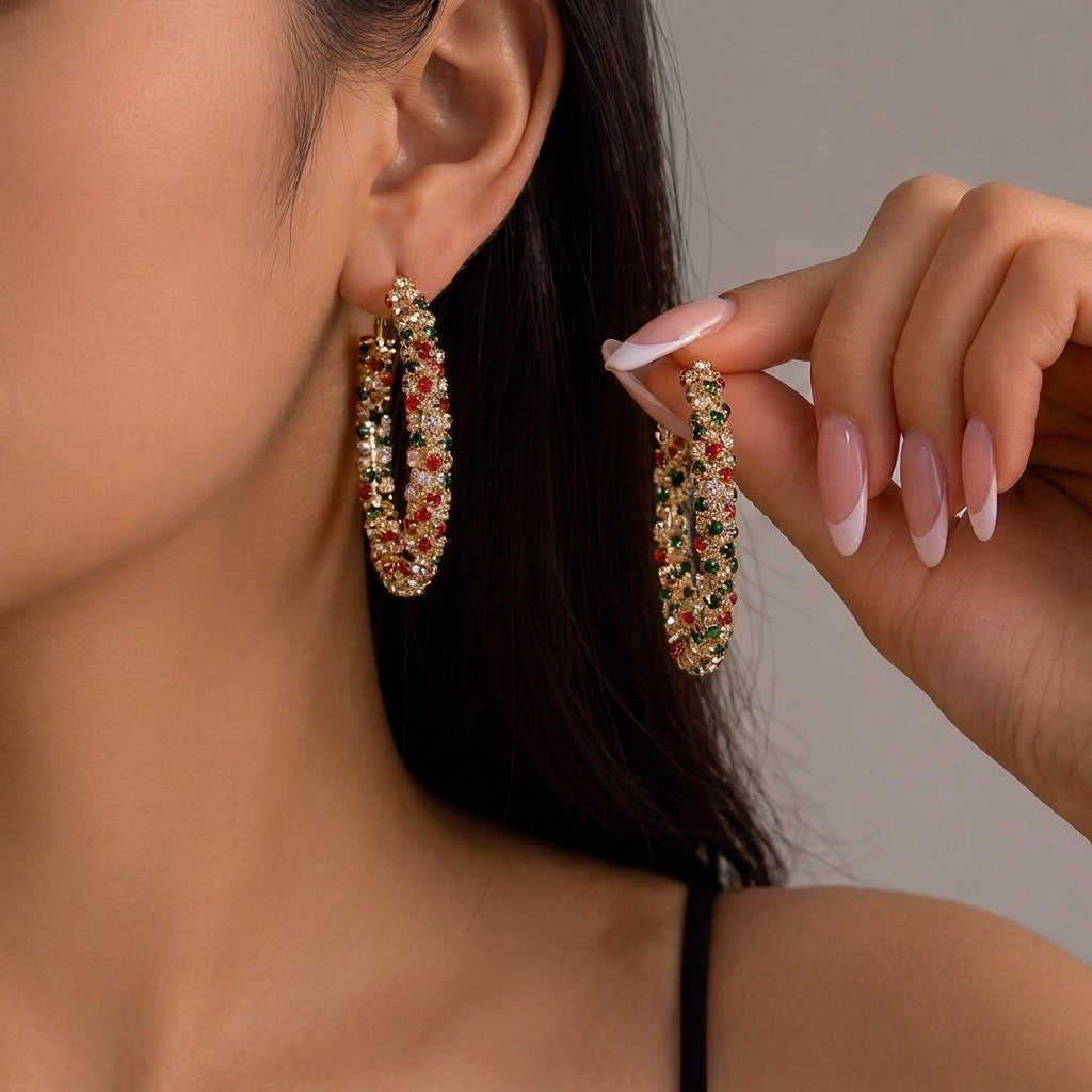 Festive Red Green Rhinestone Oval Hoop Earrings