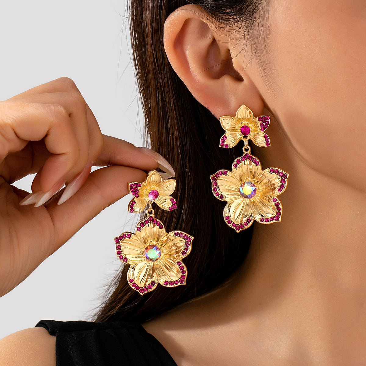 Romantic Red Zircon Double Flower Drop Earrings