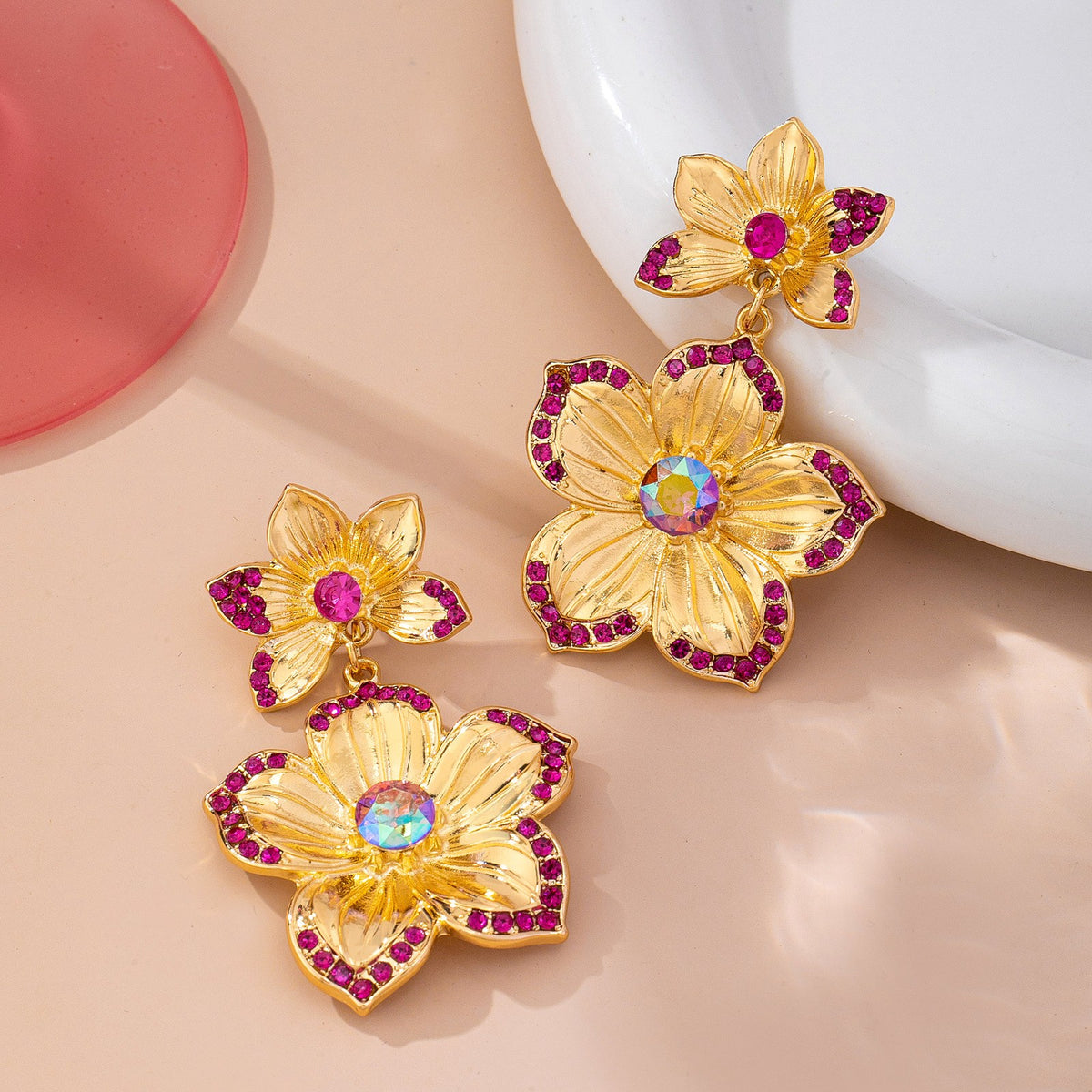 Romantic Red Zircon Double Flower Drop Earrings