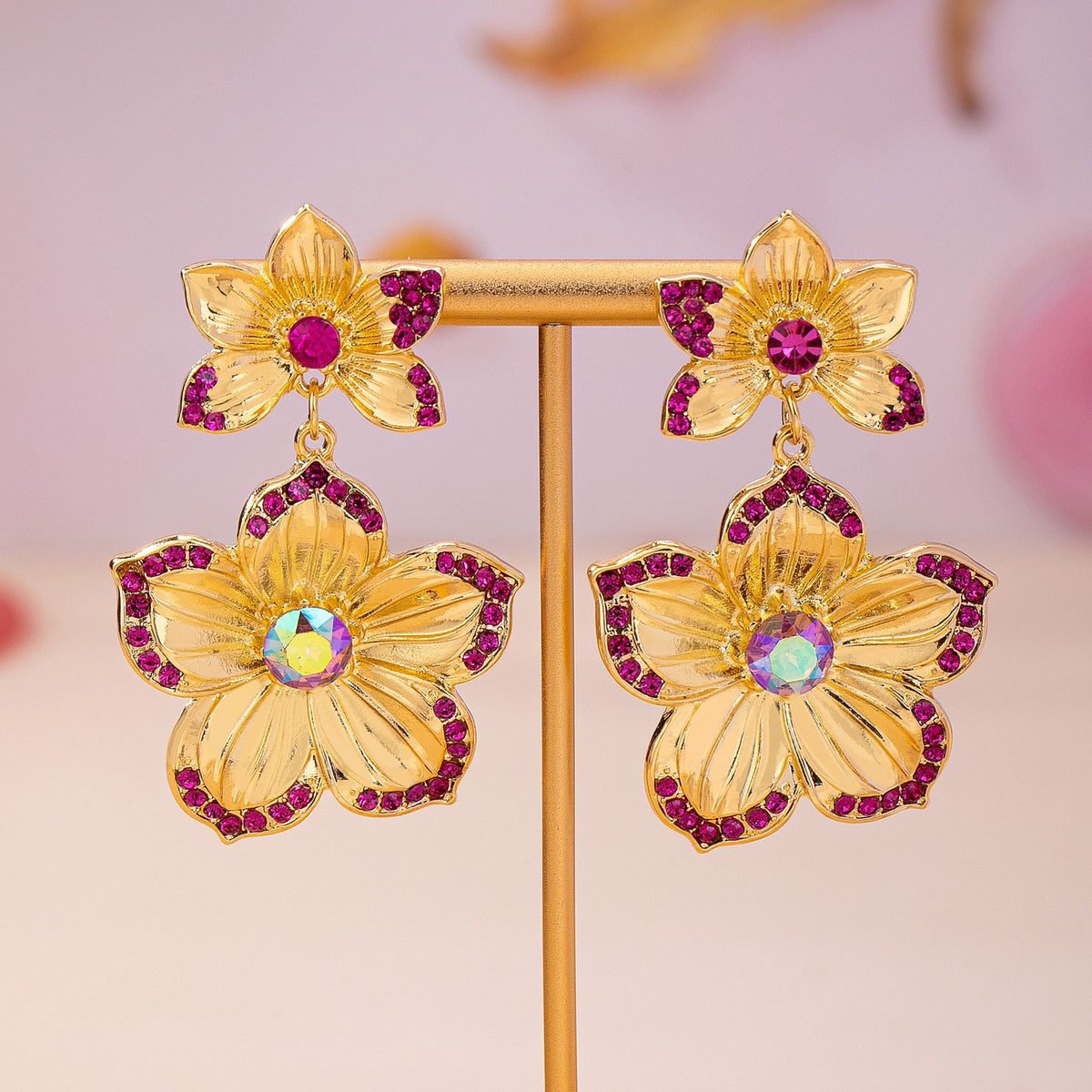 Romantic Red Zircon Double Flower Drop Earrings