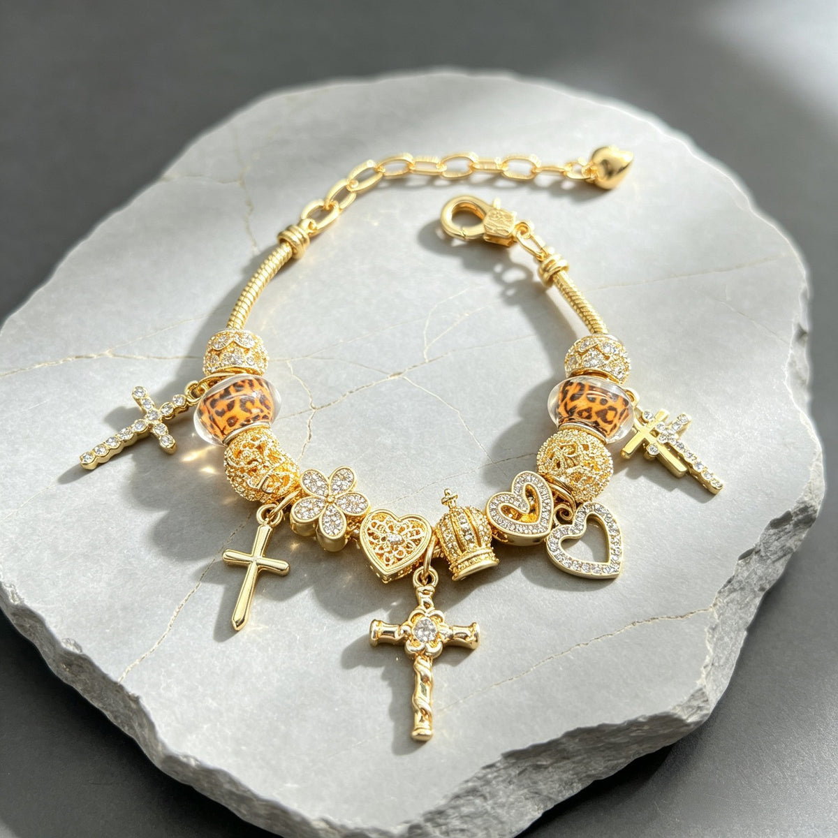 Classy Rhinestone Cross & Crown Charm Bracelet