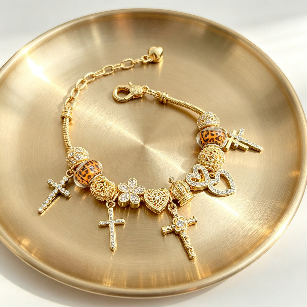 Classy Rhinestone Cross & Crown Charm Bracelet
