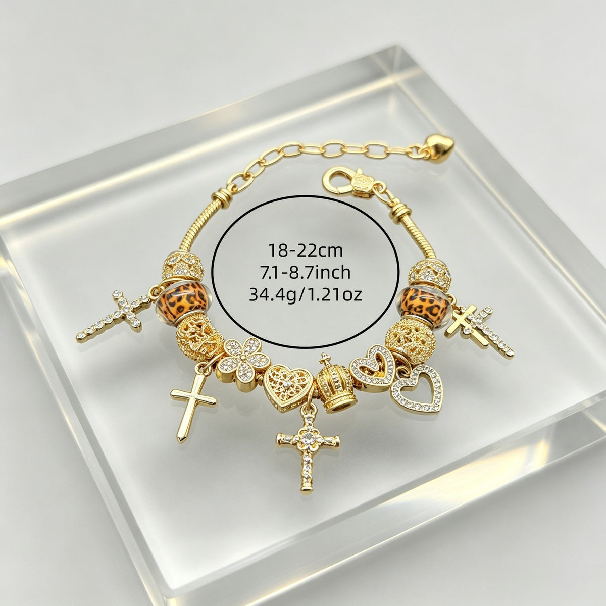Classy Rhinestone Cross & Crown Charm Bracelet