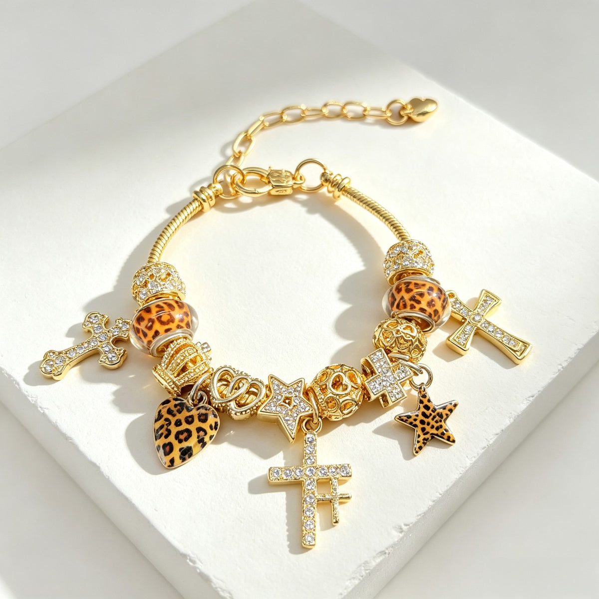 Classy Leopard Cross & Star Charm Bracelet