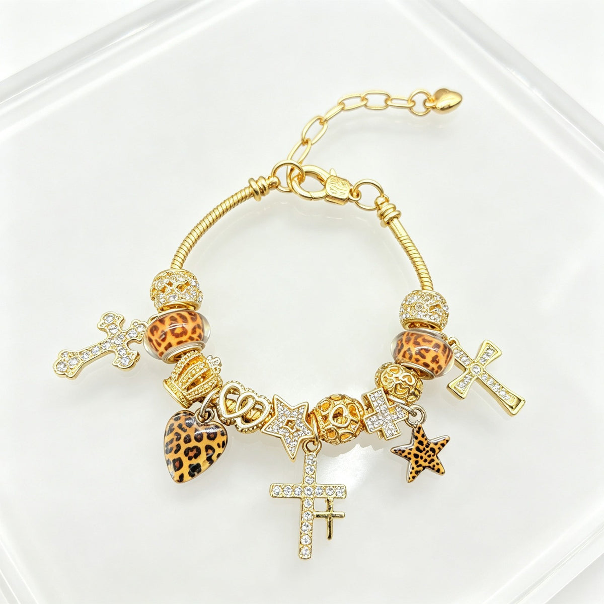 Classy Leopard Cross & Star Charm Bracelet