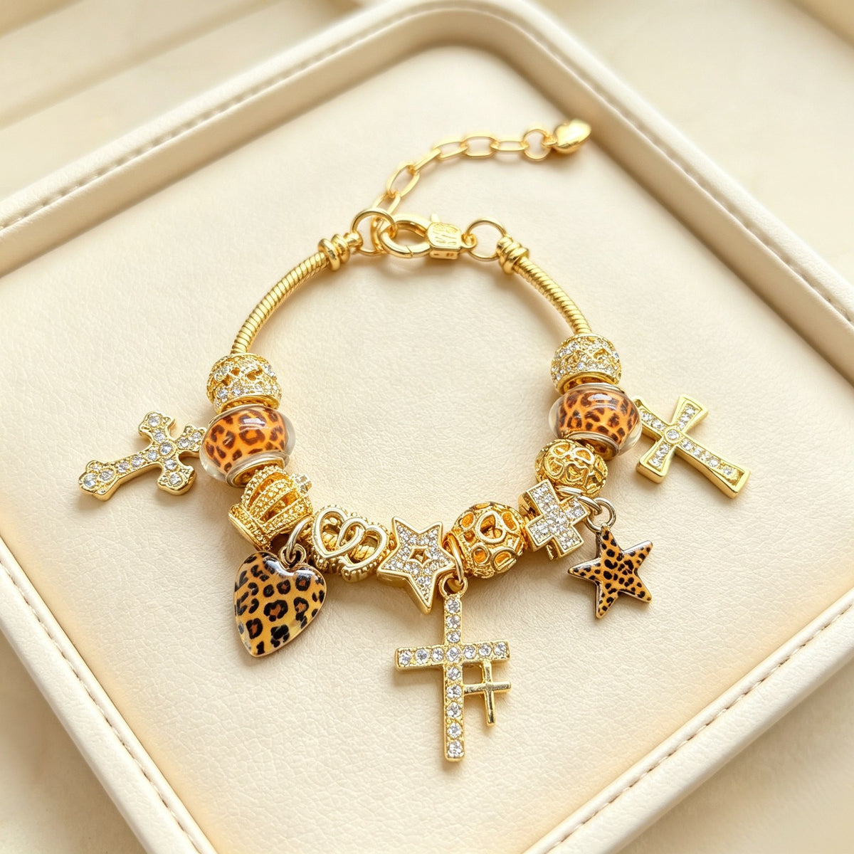 Classy Leopard Cross & Star Charm Bracelet