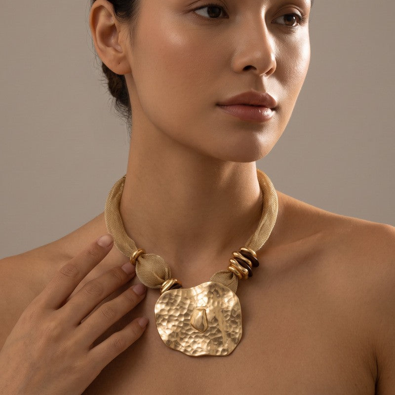 Boho Hammered Disc Mesh Choker Necklace