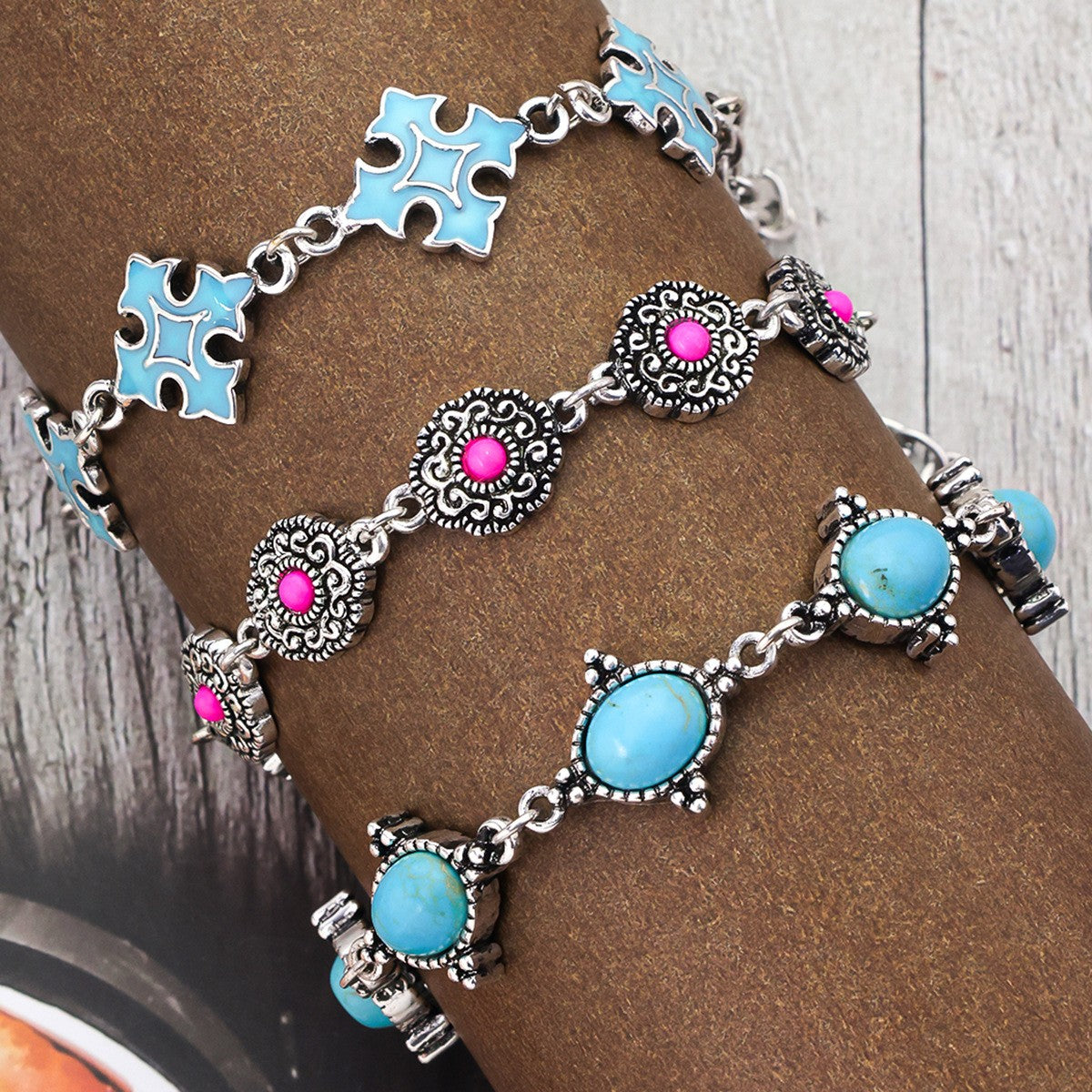 Boho Vintage Turquoise & Pink Stone Link Bracelet