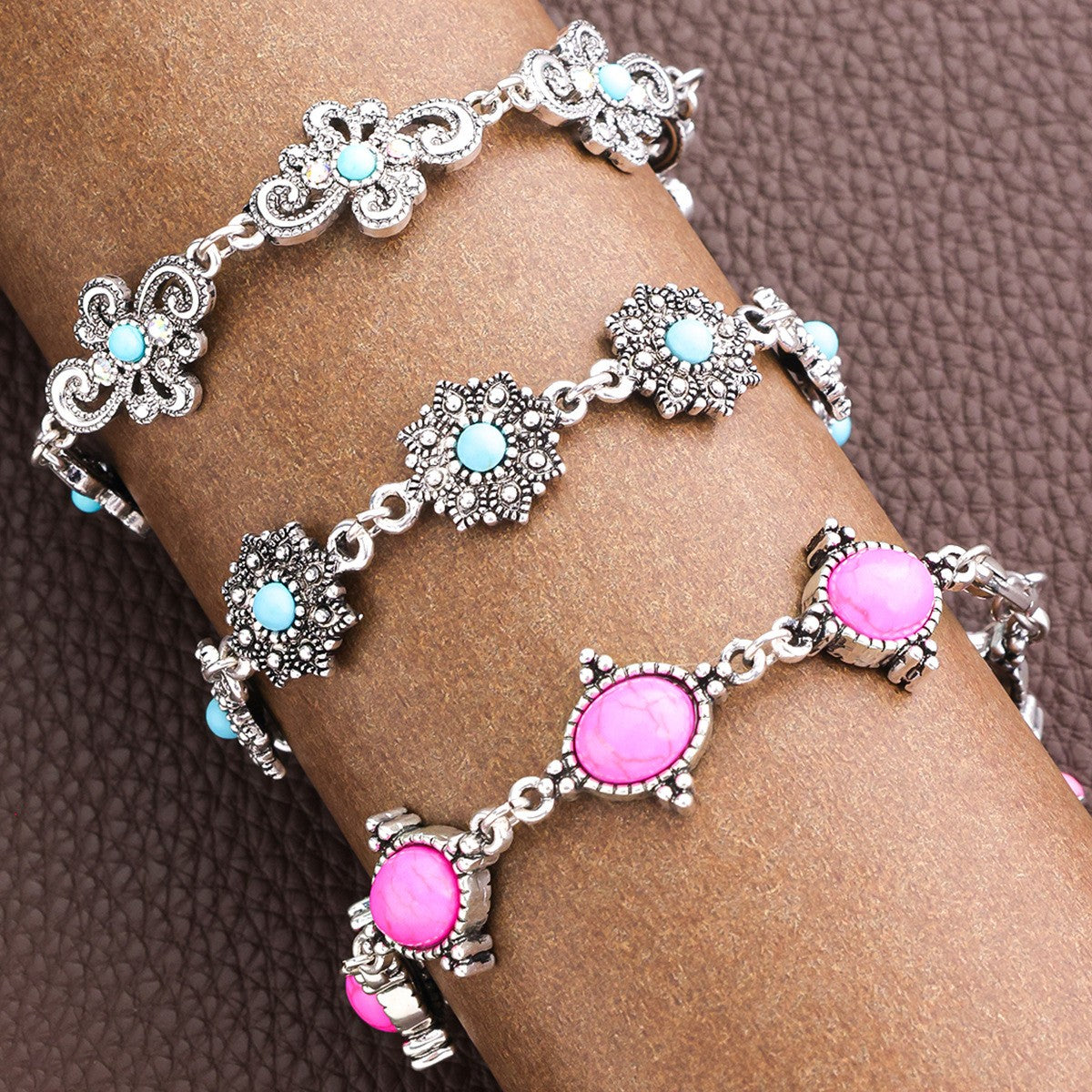 Boho Vintage Turquoise & Pink Stone Link Bracelet