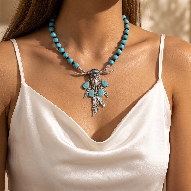 Boho Turquoise Bull Head Feather Necklace