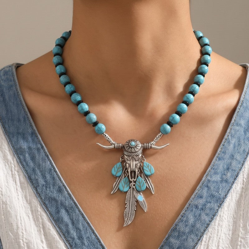 Boho Turquoise Bull Head Feather Necklace