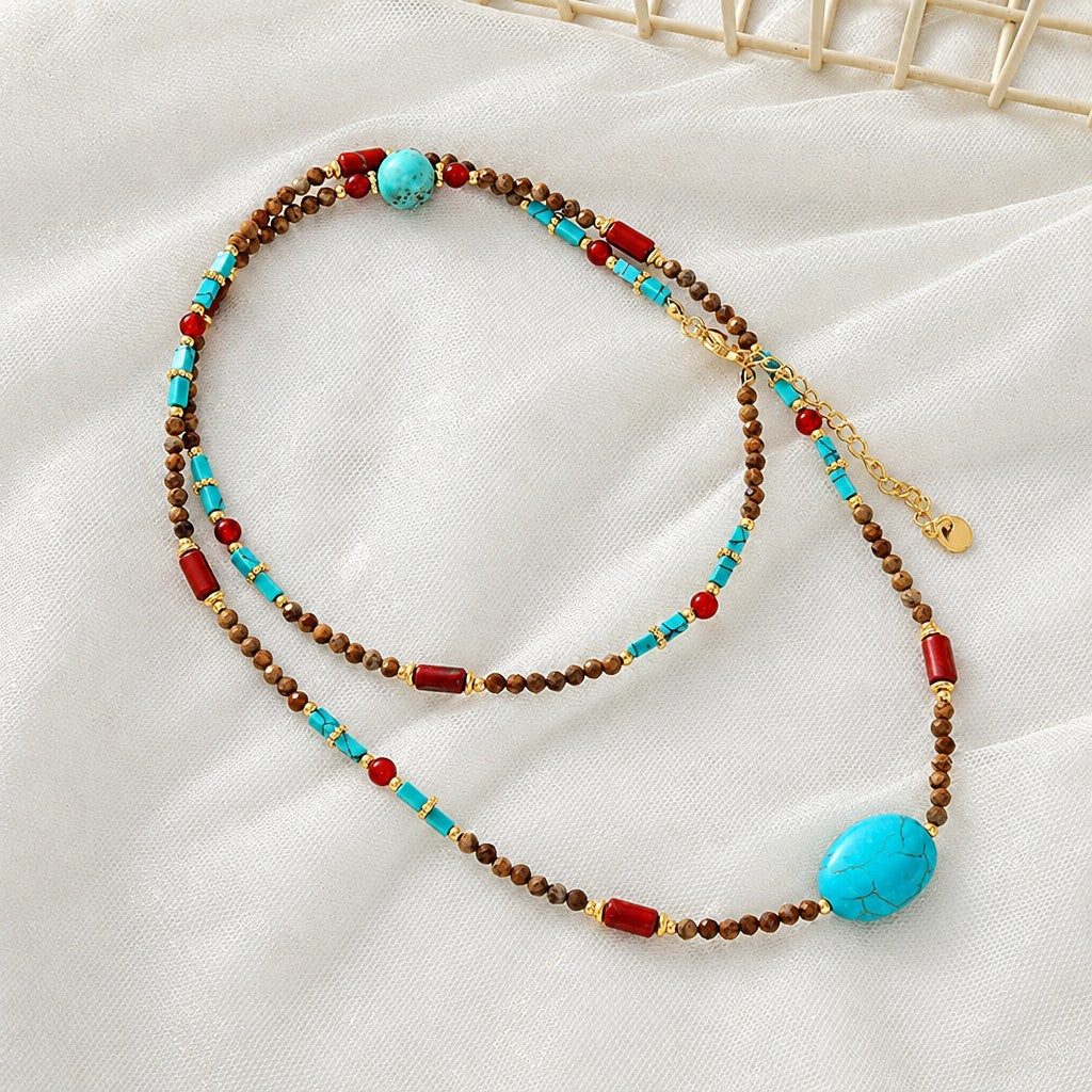 Boho Red Agate Turquoise Beaded Necklace