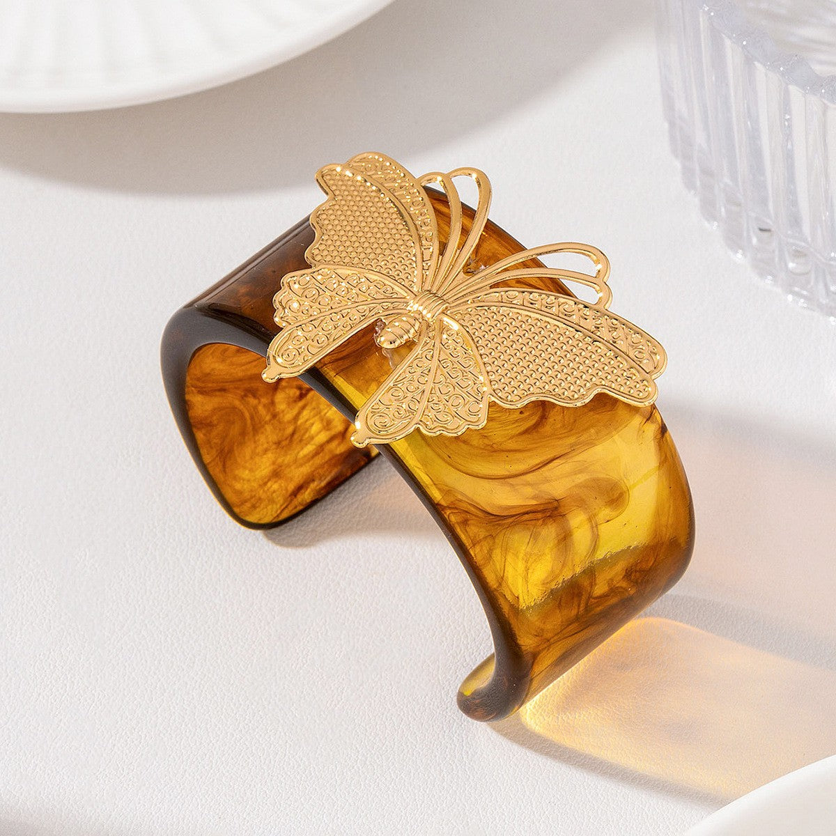 Elegant Amber Butterfly Wide Cuff Bracelet