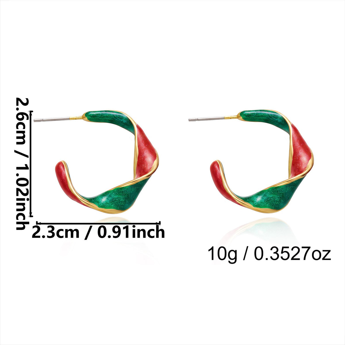 Festive Red Green Enamel Twist Hoop Earrings