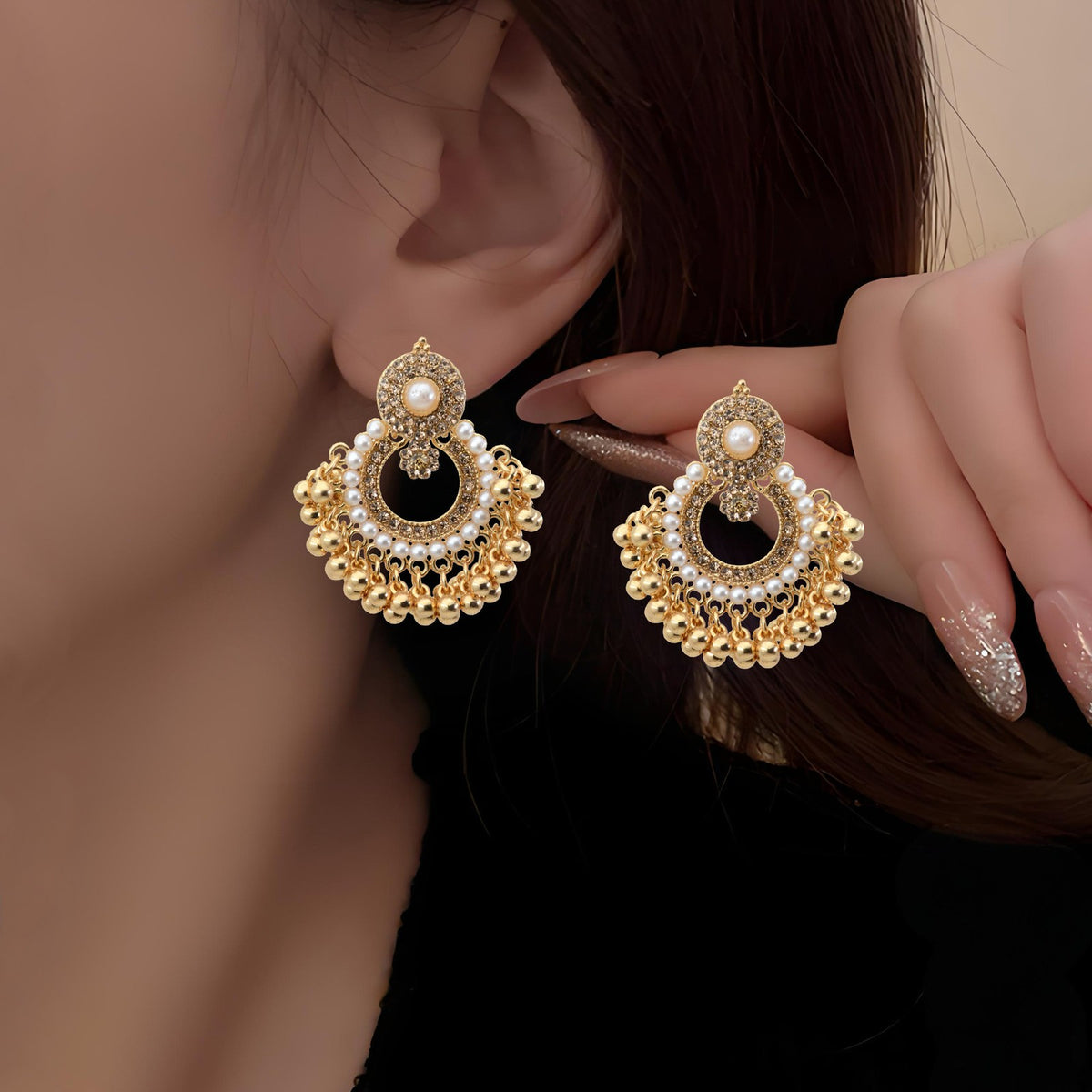 Boho Vintage Pearl Chandbali Drop Earrings