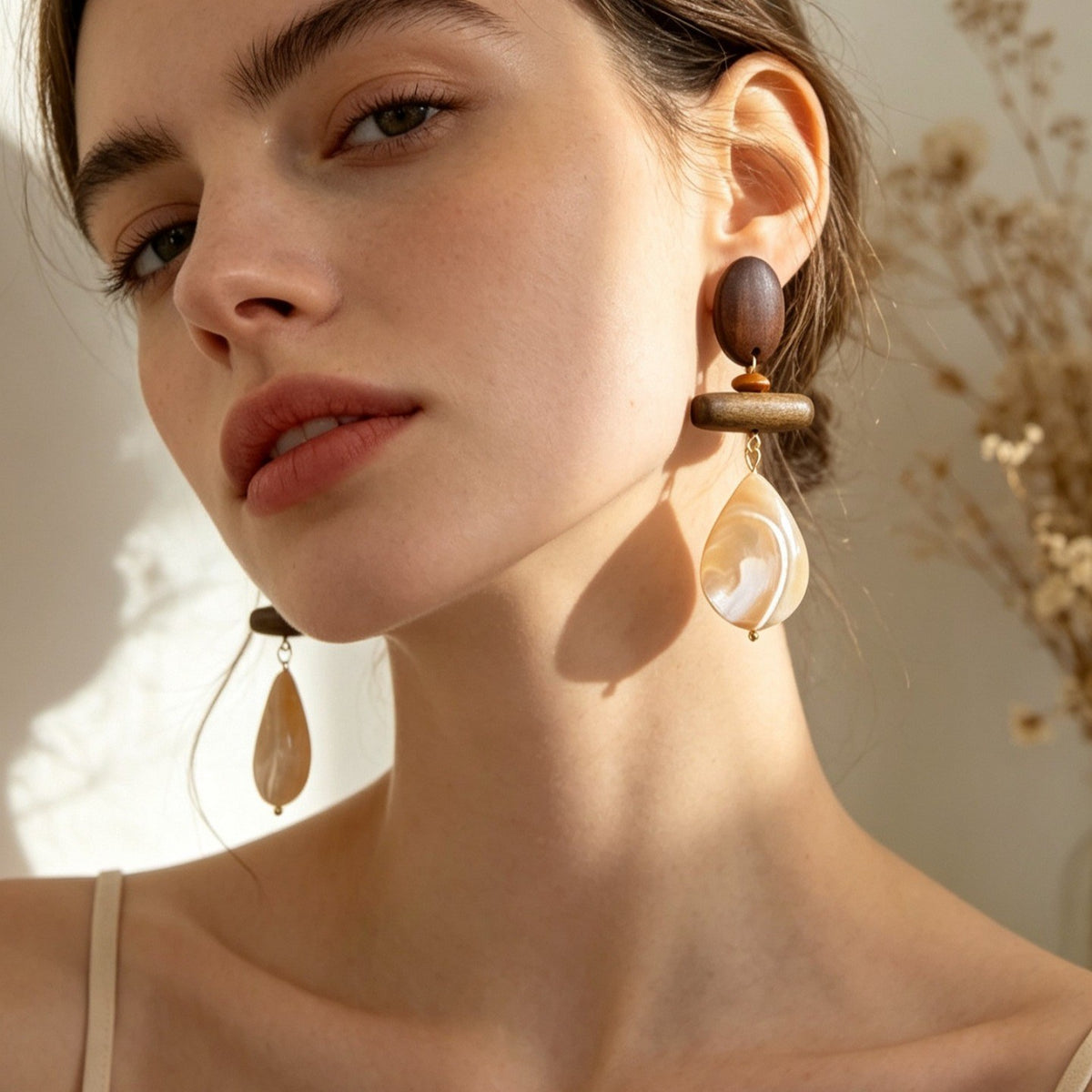 Boho Vintage Wood Shell Drop Earrings