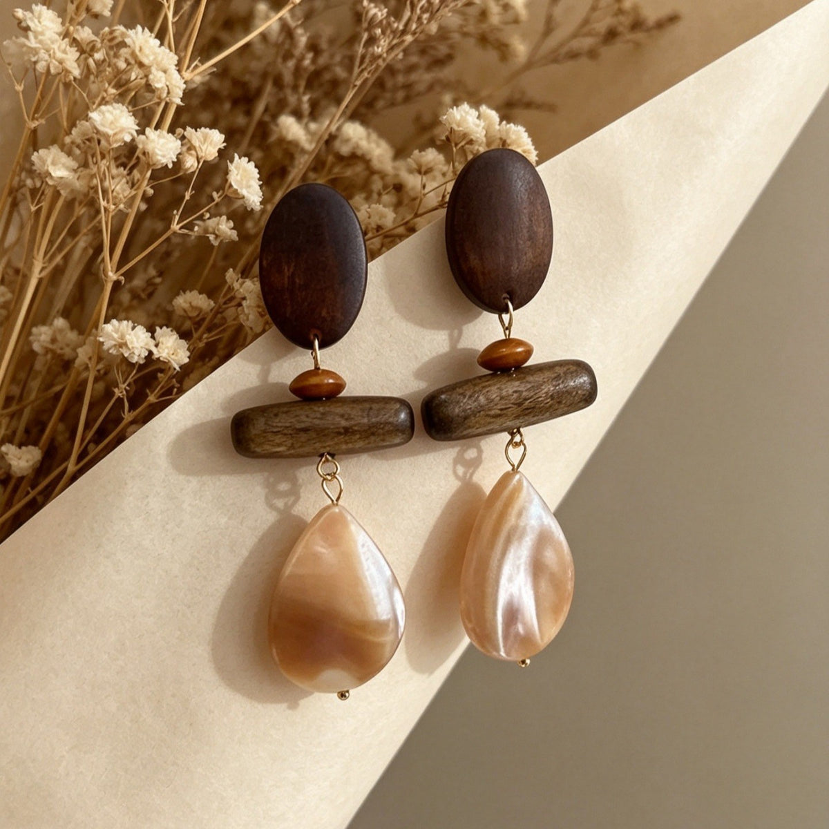 Boho Vintage Wood Shell Drop Earrings