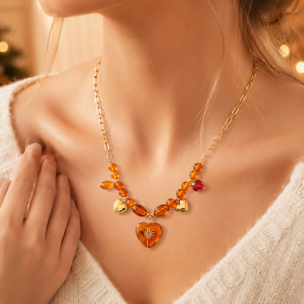 Romantic Amber Sunburst Heart Necklace