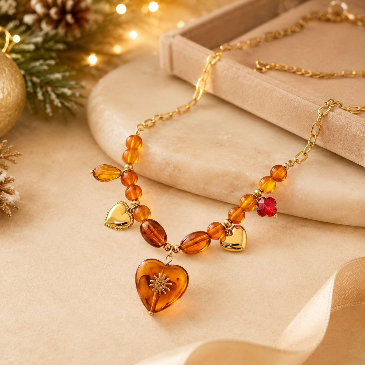 Romantic Amber Sunburst Heart Necklace