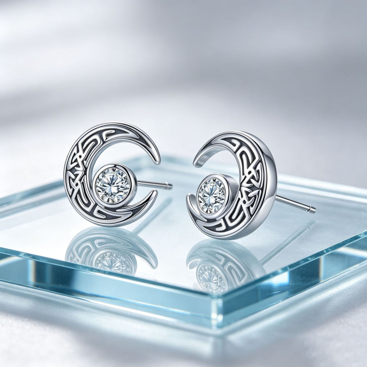Elegant Celtic Knot Crescent Moon Stud Earrings