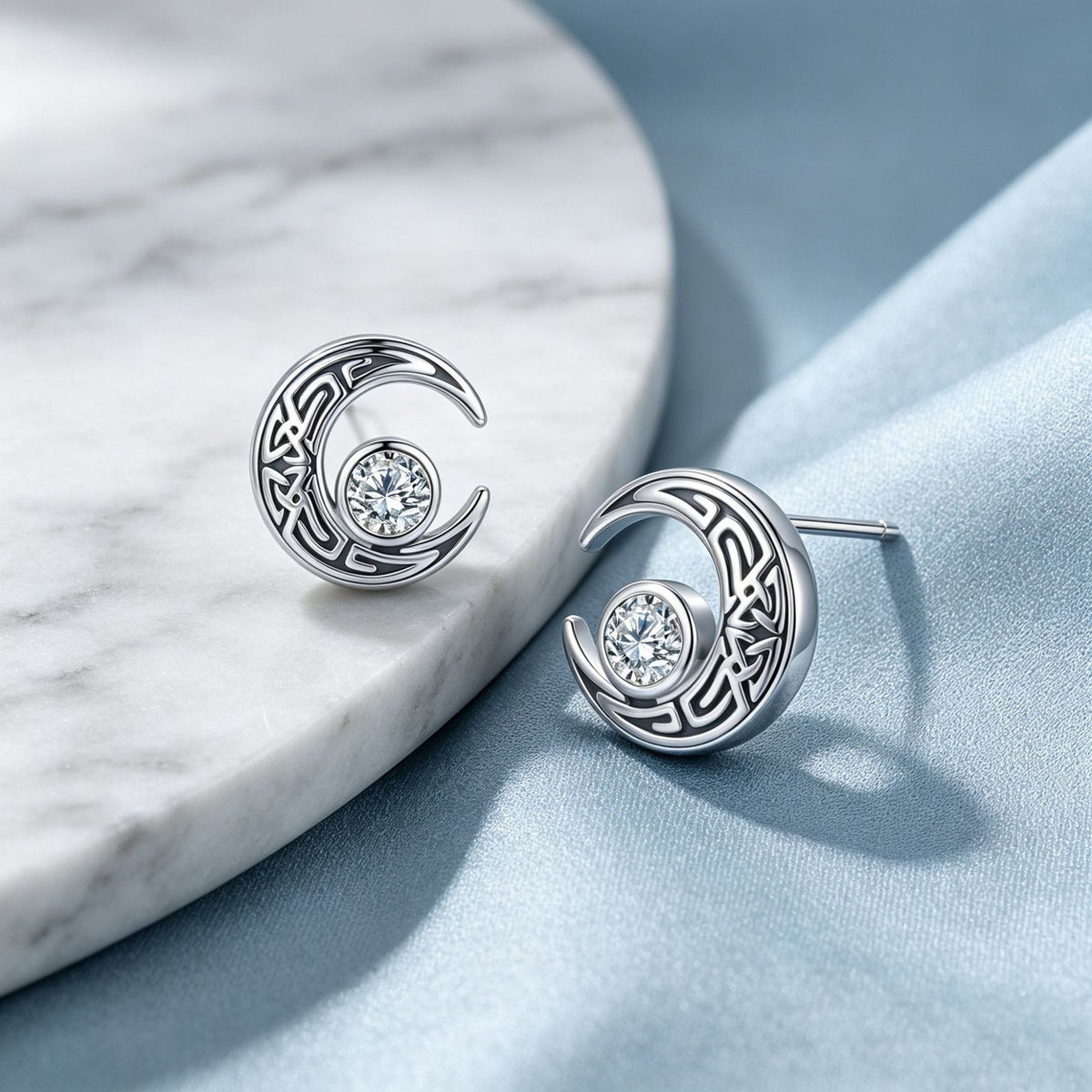 Elegant Celtic Knot Crescent Moon Stud Earrings