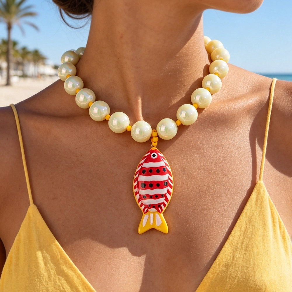 Boho Red Striped Fish Beaded Necklace