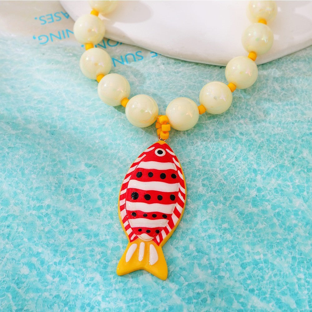 Boho Red Striped Fish Beaded Necklace