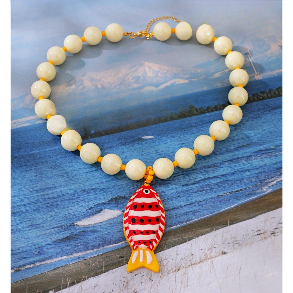 Boho Red Striped Fish Beaded Necklace