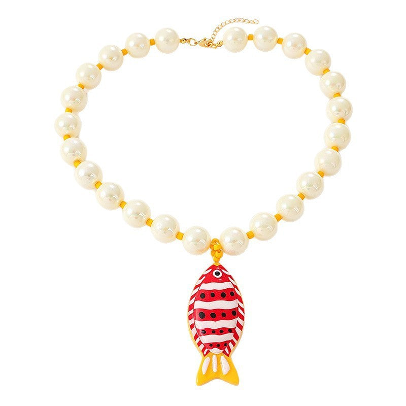 Boho Red Striped Fish Beaded Necklace