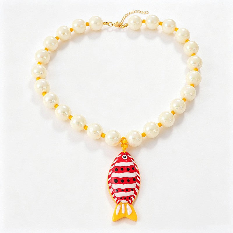 Boho Red Striped Fish Beaded Necklace