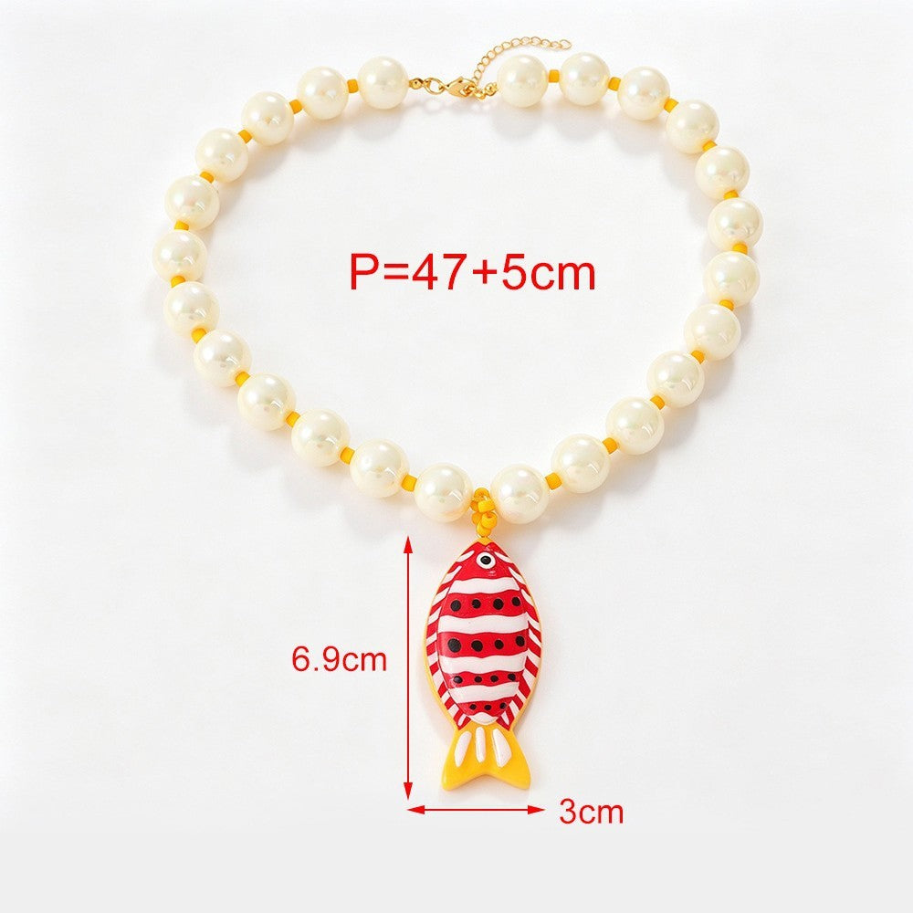 Boho Red Striped Fish Beaded Necklace
