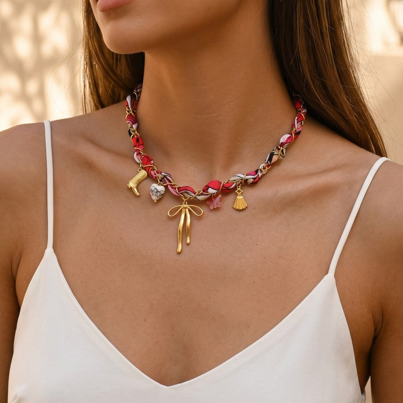Vintage Braided Fabric Bow Charm Necklace