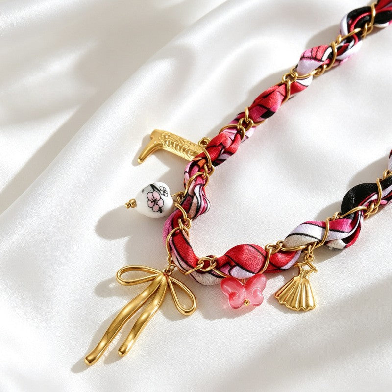 Vintage Braided Fabric Bow Charm Necklace