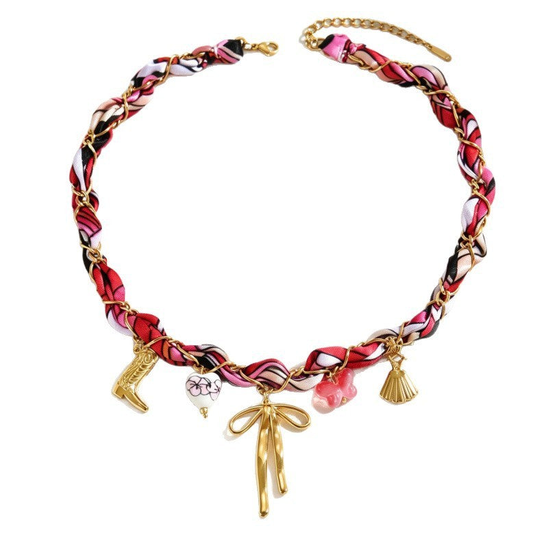 Vintage Braided Fabric Bow Charm Necklace