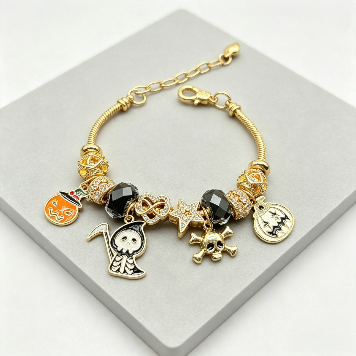 Edgy Halloween Skull & Pumpkin Charm Bracelet