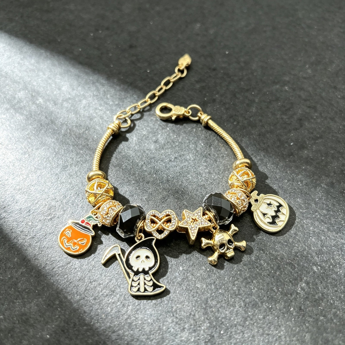 Edgy Halloween Skull & Pumpkin Charm Bracelet