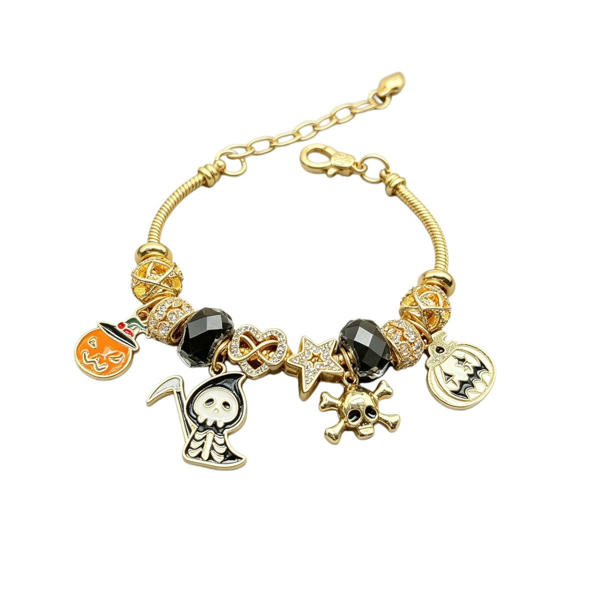 Edgy Halloween Skull & Pumpkin Charm Bracelet