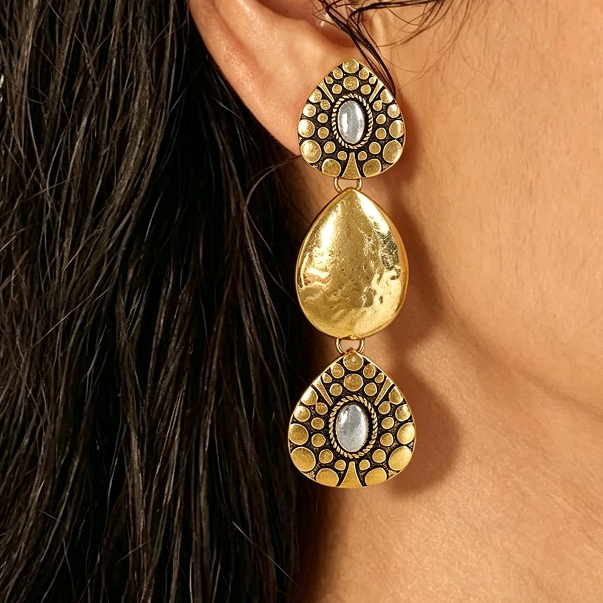Boho Hammered Teardrop Necklace & Earring Set