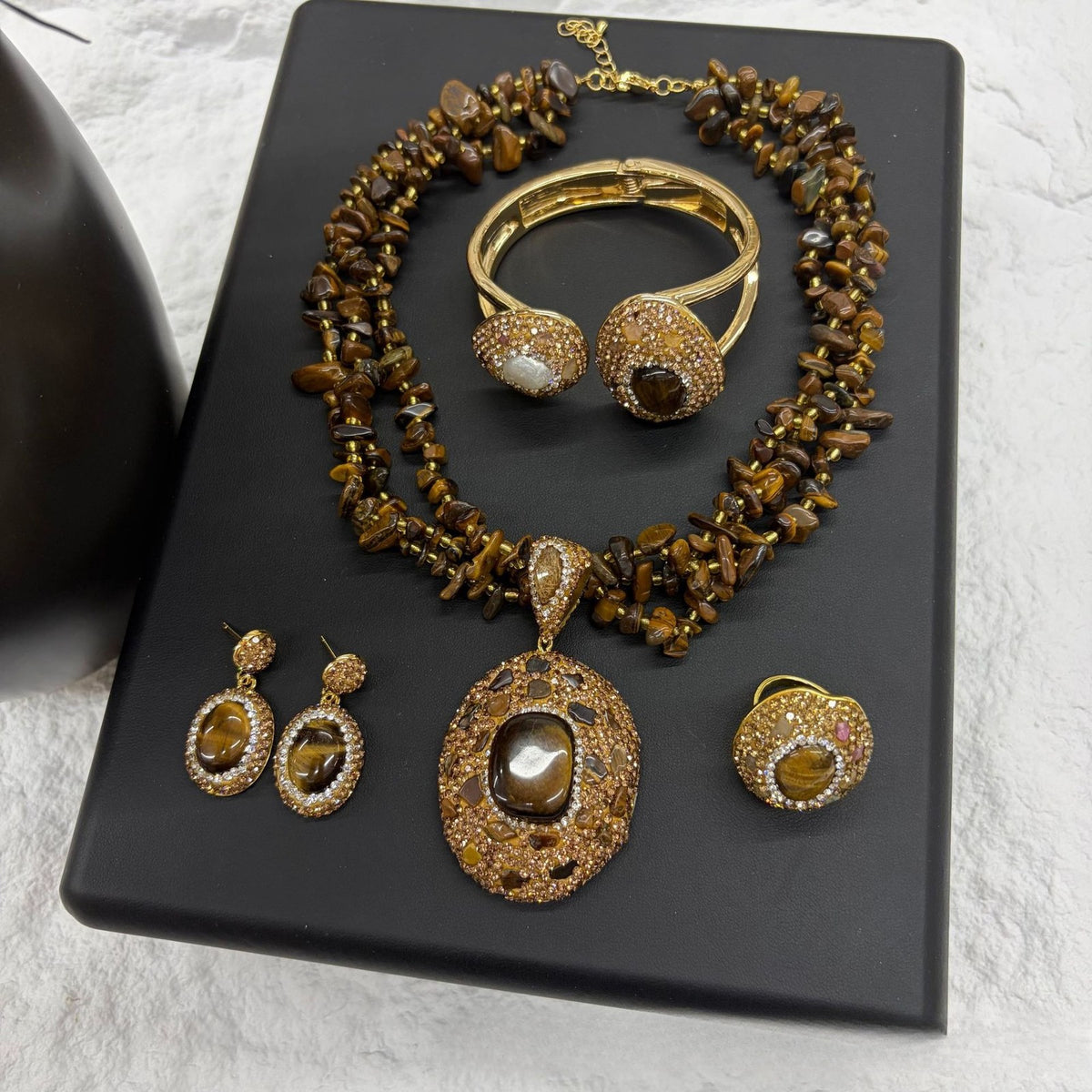 Vintage Natural Stone Chip Necklace, Bangle & Earring Set