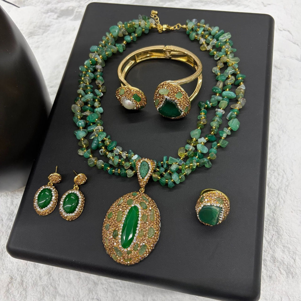 Vintage Natural Stone Chip Necklace, Bangle & Earring Set