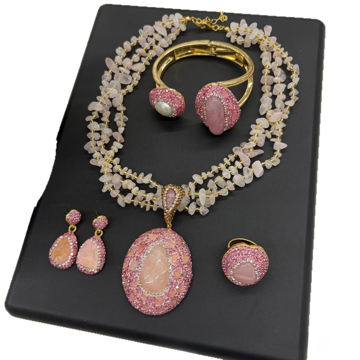 Vintage Natural Stone Chip Necklace, Bangle & Earring Set