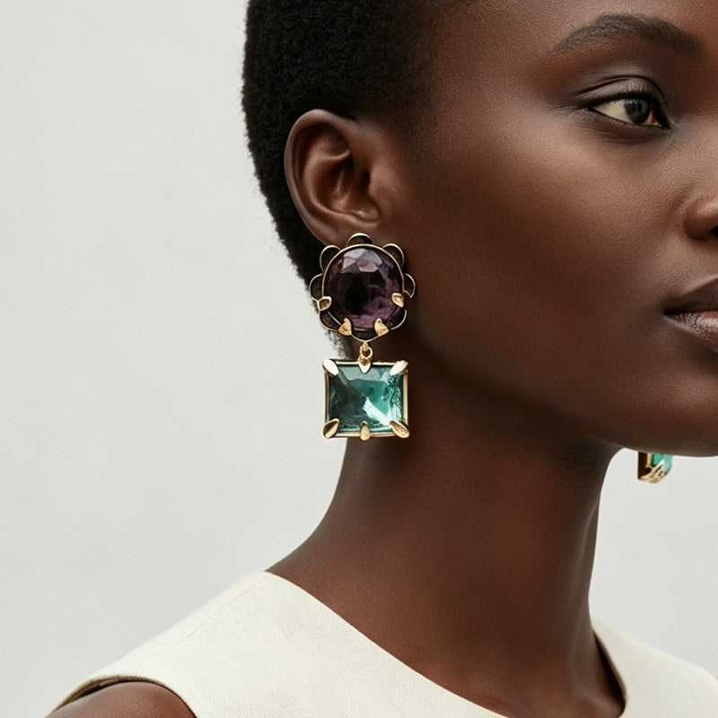 Classy Dual-Gem Geometric Drop Earrings