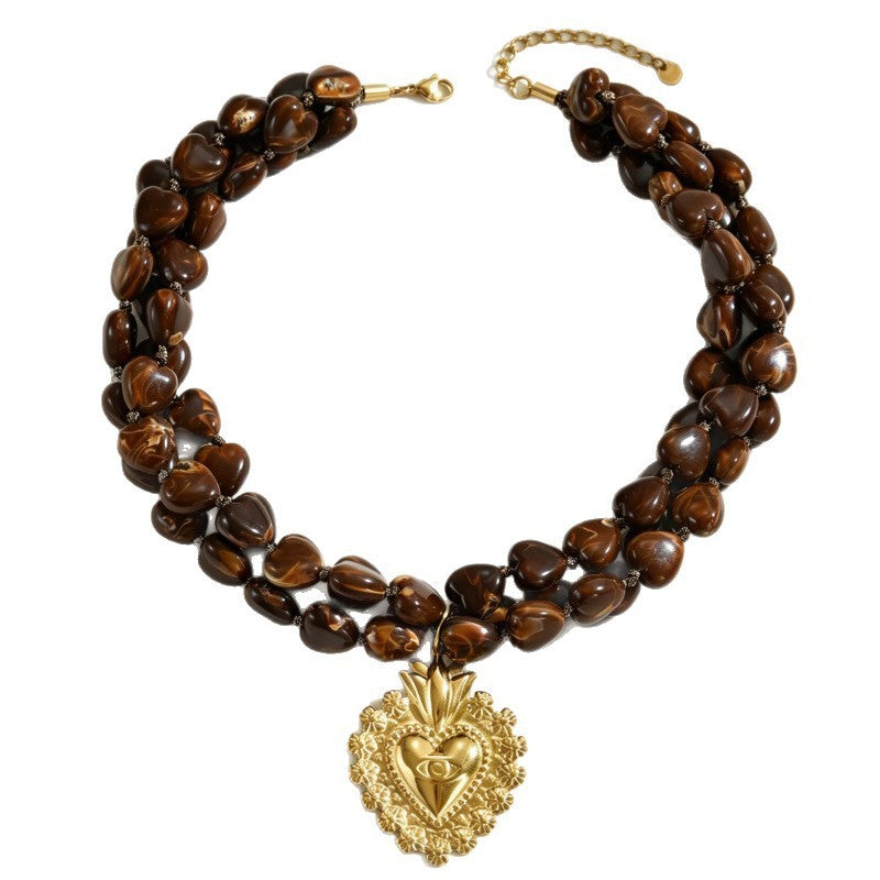 Boho Tiger Eye Beaded Sacred Heart Necklace