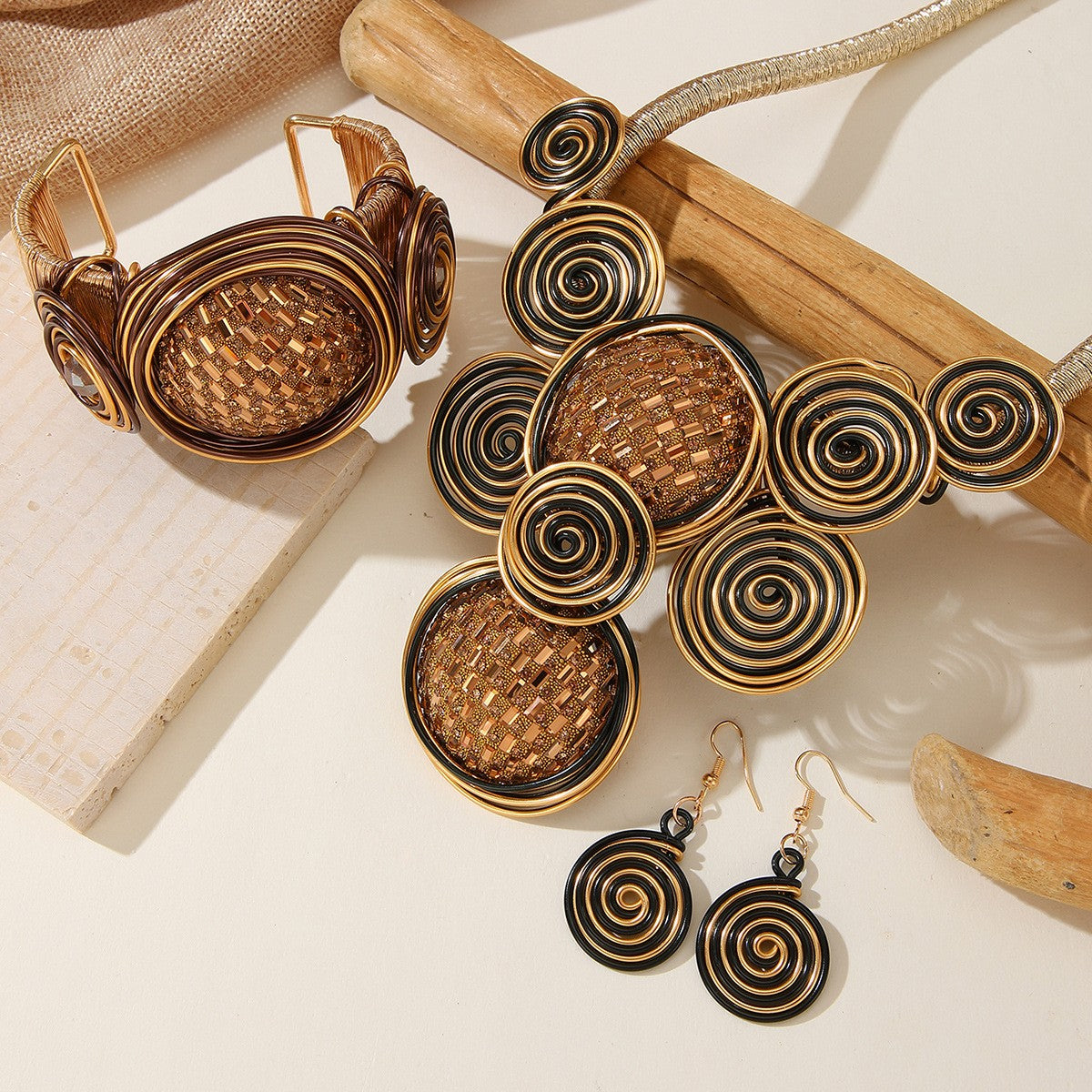 3pc Boho Woven Spiral Necklace, Bracelet & Earring Set