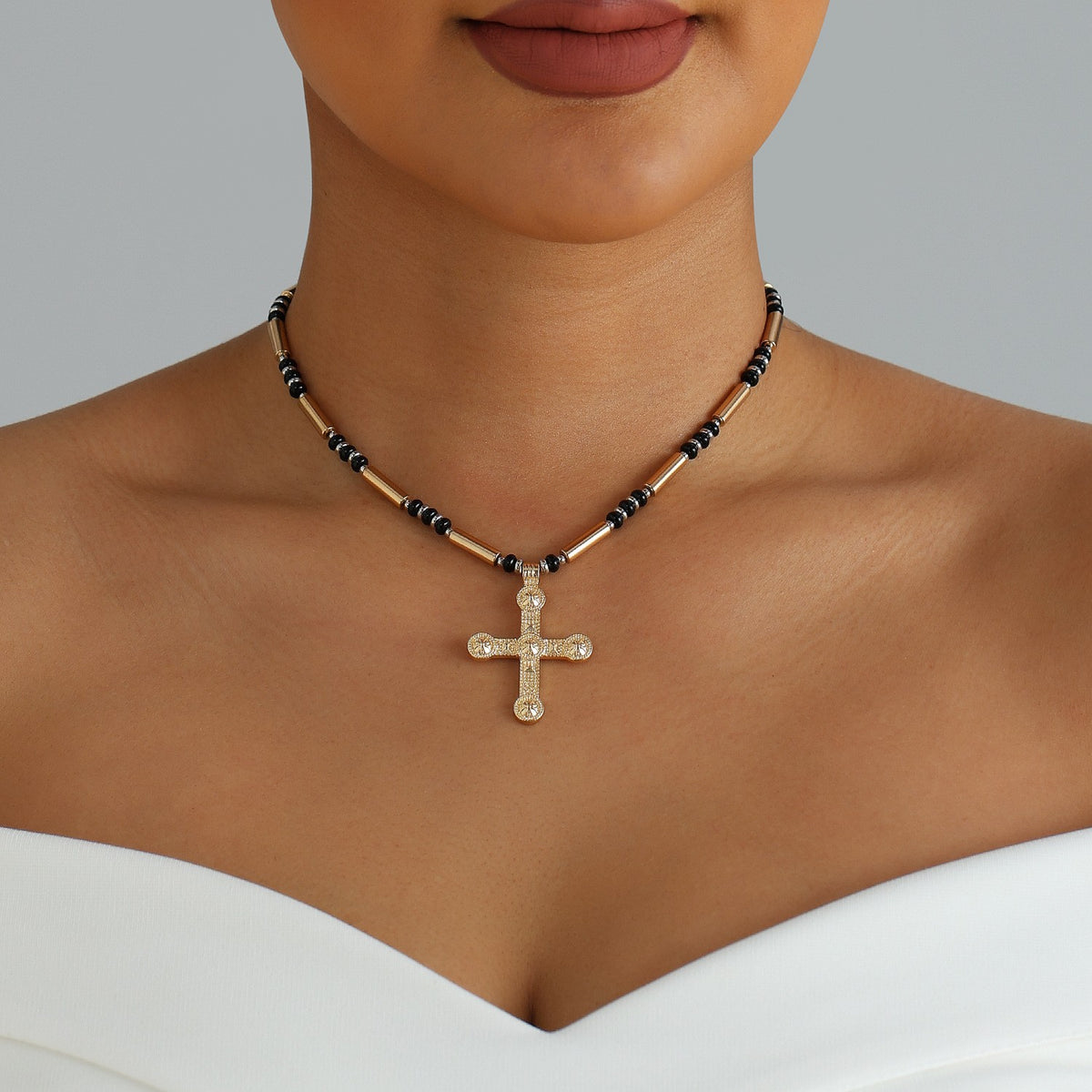 Classy Black Beaded Cross Choker Necklace