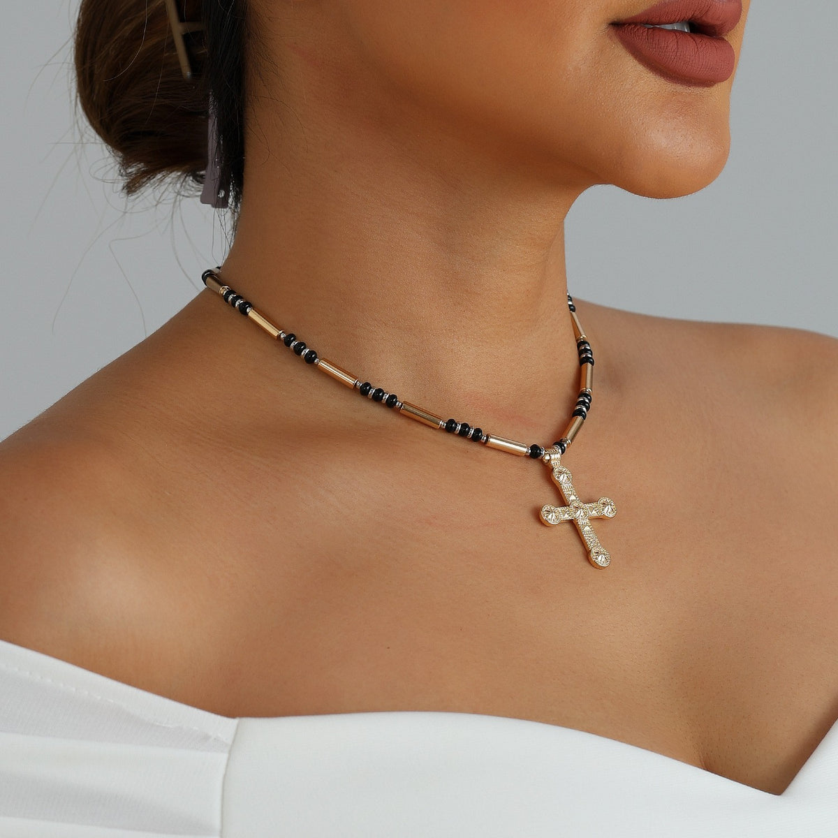 Classy Black Beaded Cross Choker Necklace