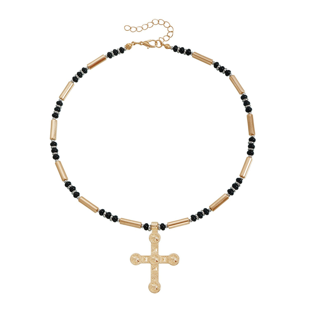 Classy Black Beaded Cross Choker Necklace